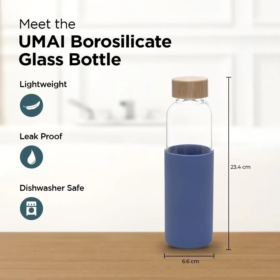 UMAI Borosilicate Glass Water Bottle with Sleeve 550ml | Non Slip Silicon Sleeve & Bamboo Lid | Fridge Water Bottle For Home & Office (Blue, Pack of 6)