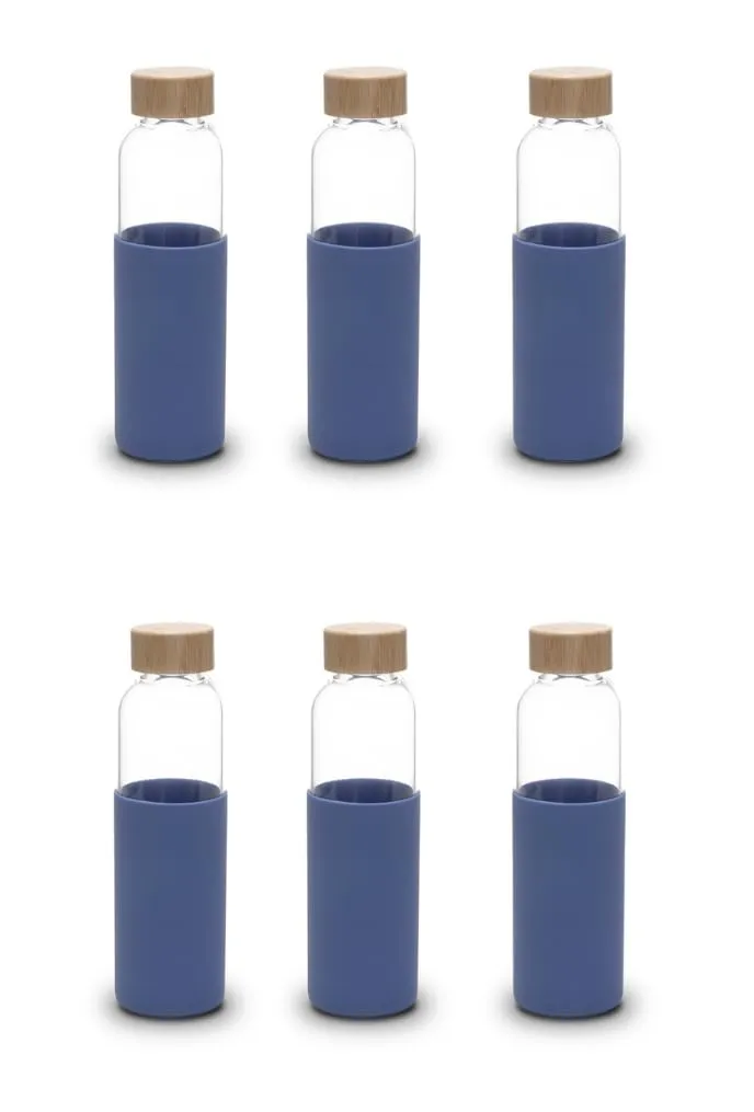 UMAI Borosilicate Glass Water Bottle with Sleeve 550ml | Non Slip Silicon Sleeve & Bamboo Lid | Fridge Water Bottle For Home & Office (Blue, Pack of 6)