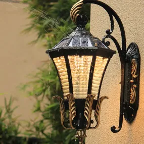 Vintage Black LED Outdoor Wall Sconce with Flared Shape and Ribbed Glass - Solar Powered